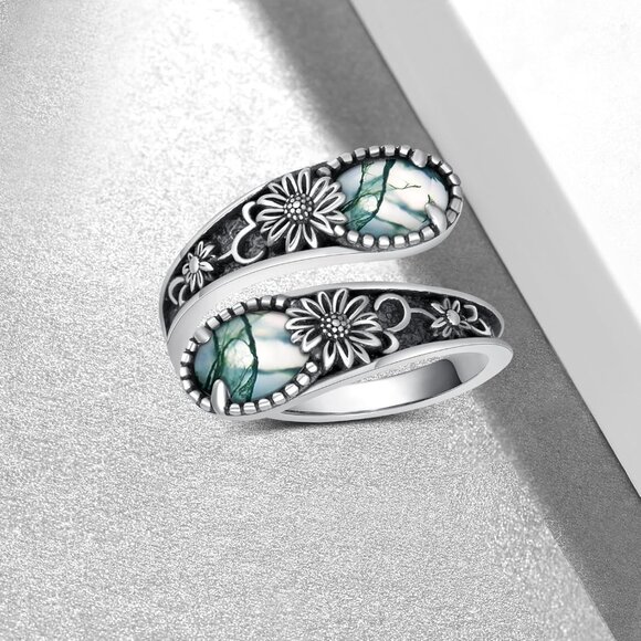 Sterling Silver Moss Agate Ring Vintage Antique Inspired Adjustable Jewelry - Picture 6 of 6